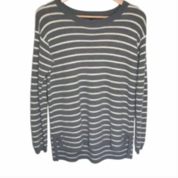 Women’s J. Crew Grey Striped Merino Wool Sweater Elbow Patches - Picture 1 of 9